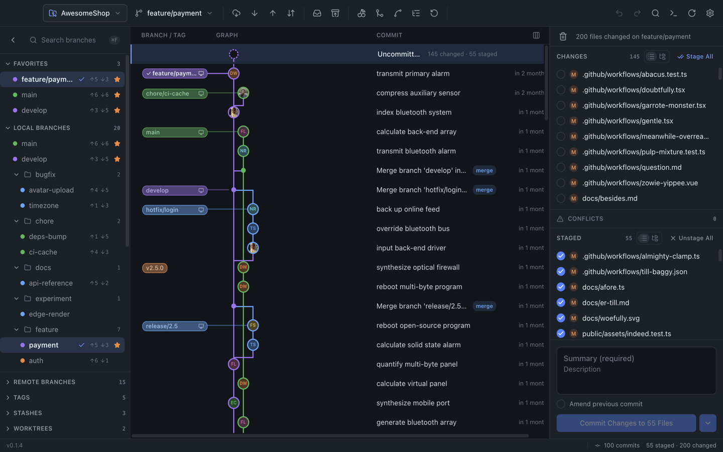 Git Light showing the AwesomeShop repository with commit graph, branch sidebar, working tree, and resizable three-pane layout